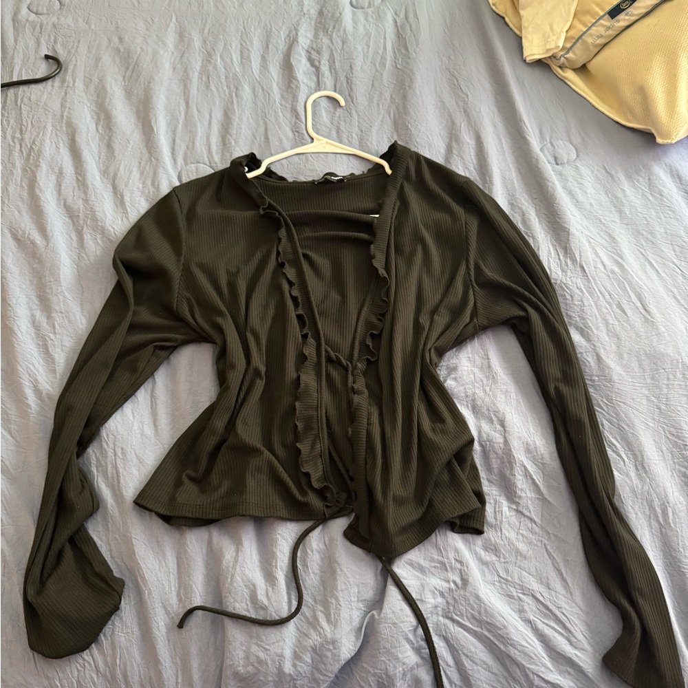 Fashion Nova Green Ruffled Tie Front Blouse